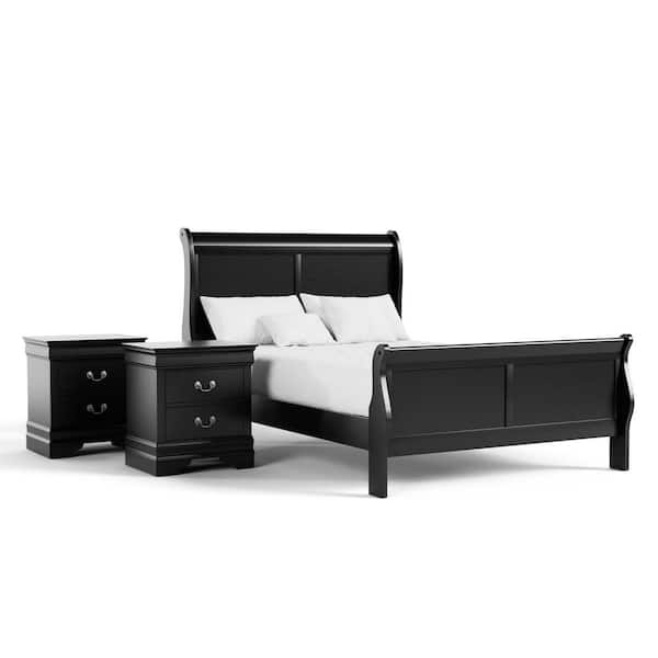 Furniture of America Burkhart 3 Piece Black Wood Full Bedroom Set with 2 Nightstands