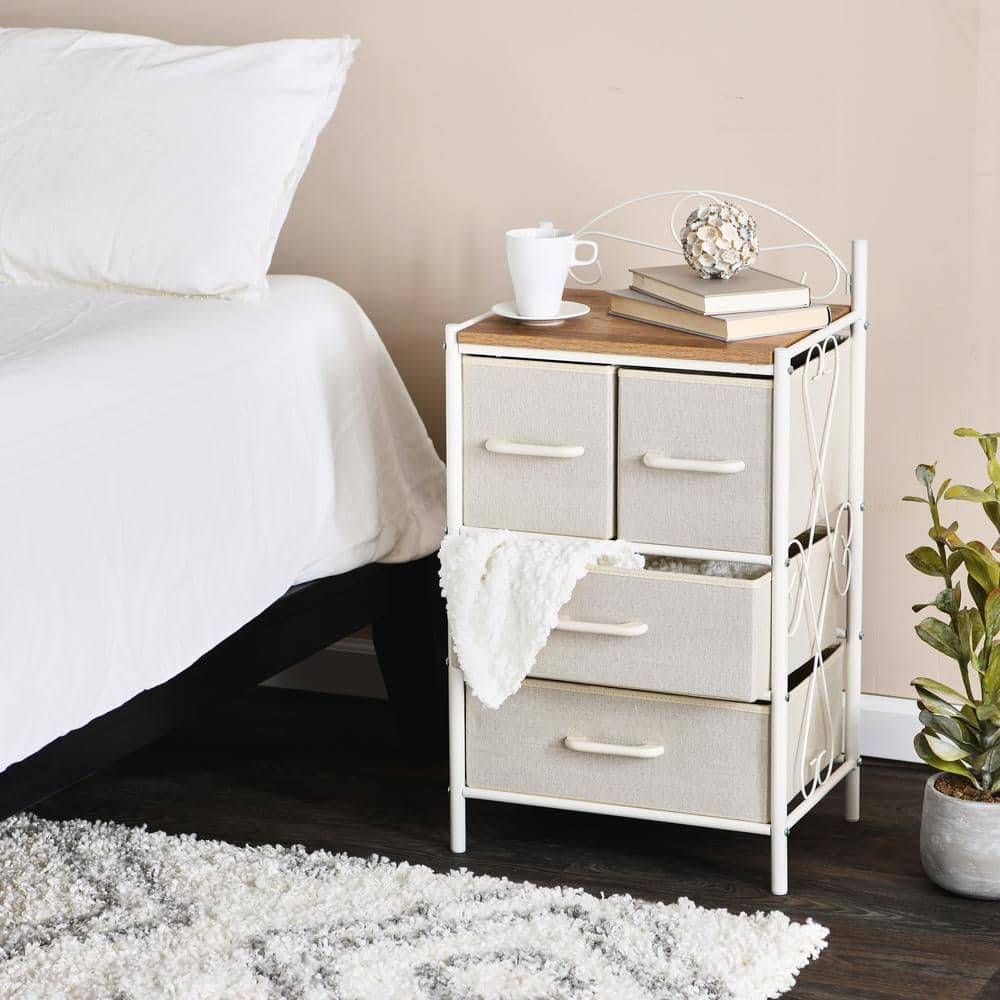 Victorian Style White Metal Frame 4-Drawer Storage Unit with Coastal Oak Top