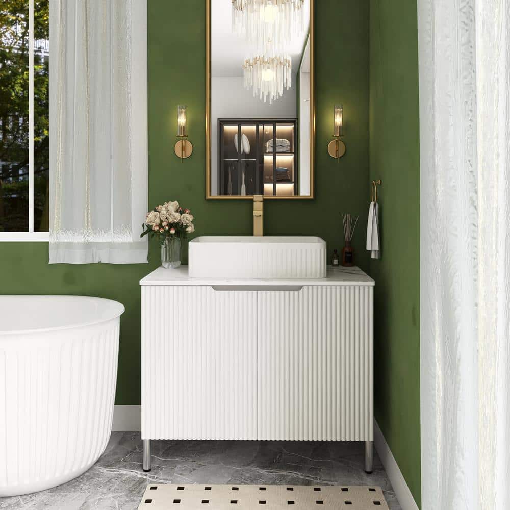 30 in. W Freestanding Bath Vanity in White with White Sintered Stone Top