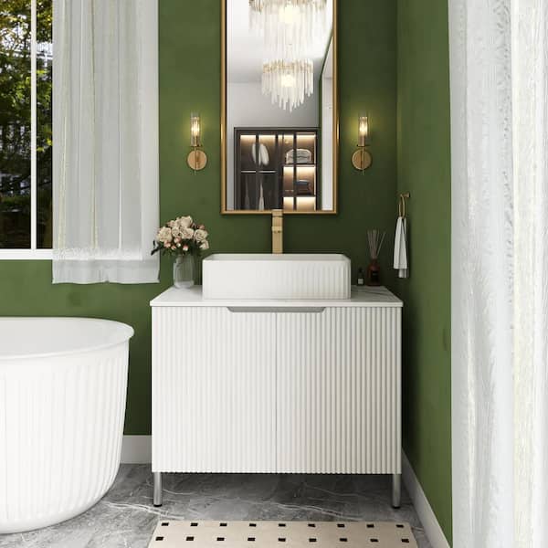 Unbranded 30 in. W Freestanding Bath Vanity in White with White Sintered Stone Top