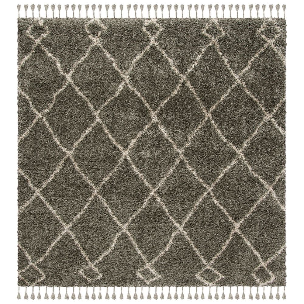 SAFAVIEH Moroccan Fringe Shag Grey/Cream 7 ft. x 7 ft. Geometric