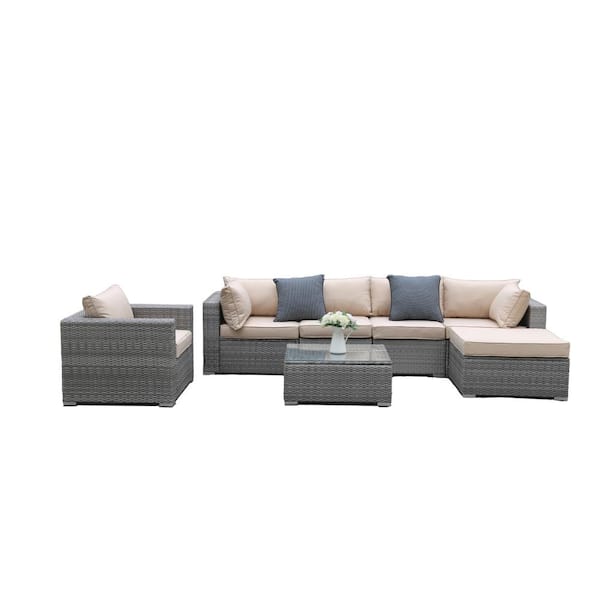 Tunearary 7-Pieces Gray Manual Weaving PE Wicker Rattan Patio Conversation Sets with Light Brown Cushion and Glass Coffee Table