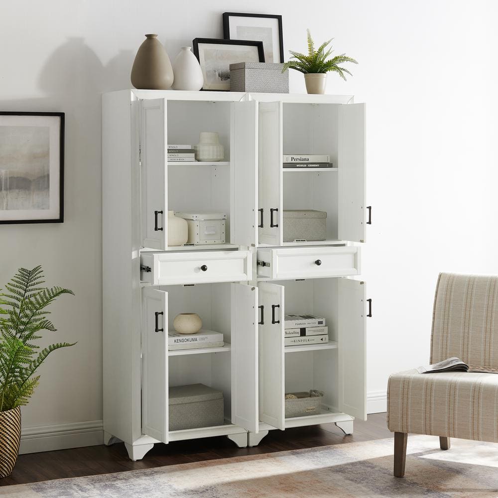 Distressed White 2-Piece Pantry Set with Metal Hardware