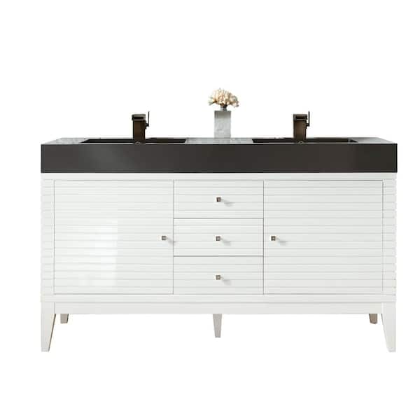James Martin Vanities Linear 59 in. W Double Bath Vanity in Glossy White with Solid Surface Vanity Top in Glossy Dark Gray with White Basin
