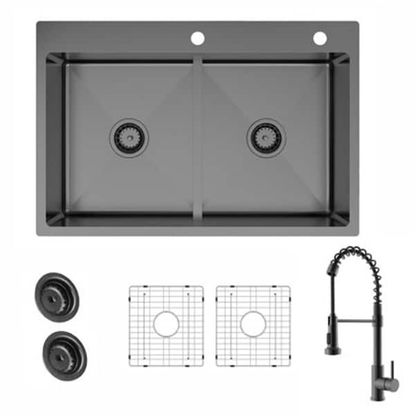 33 in. Drop-In Double Bowl Gunmetal Black Stainless Steel Kitchen Sink with Spring Neck Faucet