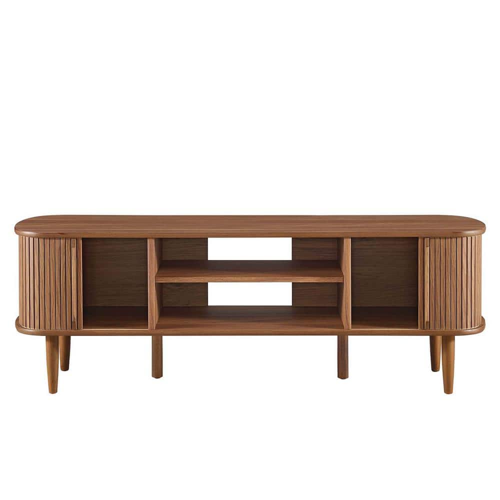 Mid-Century Walnut 55" TV Stand with Adjustable Shelf and Sliding Doors