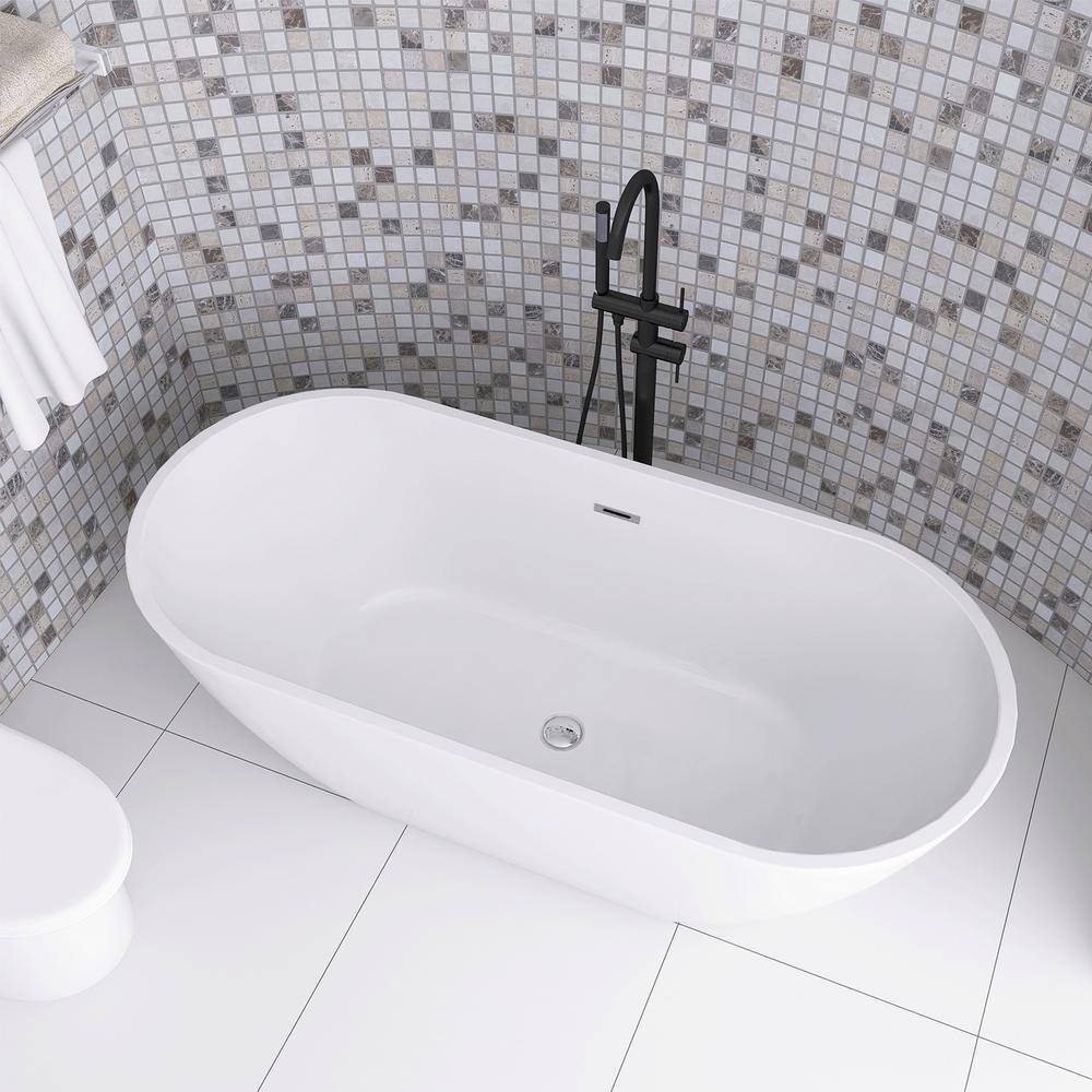 63'' White Acrylic Freestanding Soaking Bathtub with Center Drain
