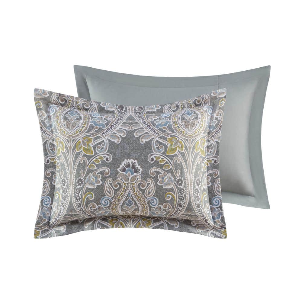 Hallie Damask Grey & Blue Queen Cotton Comforter 6-Piece Set