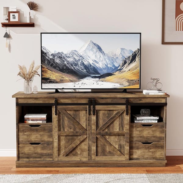 58 in Rustic Oak TV Stand with Sliding Barn Doors and 4 Storage Drawers, Console Table Fits TVs up to 65 in.