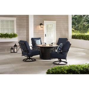 Bowbridge 5-Piece Black Steel Outdoor Patio Fire Pit Seating Set with CushionGuard Midnight Navy Blue Cushions
