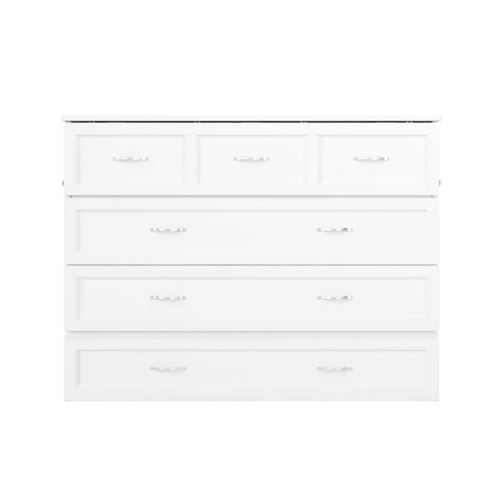 White Wood Frame Full Murphy Bed Chest with Storage Drawer