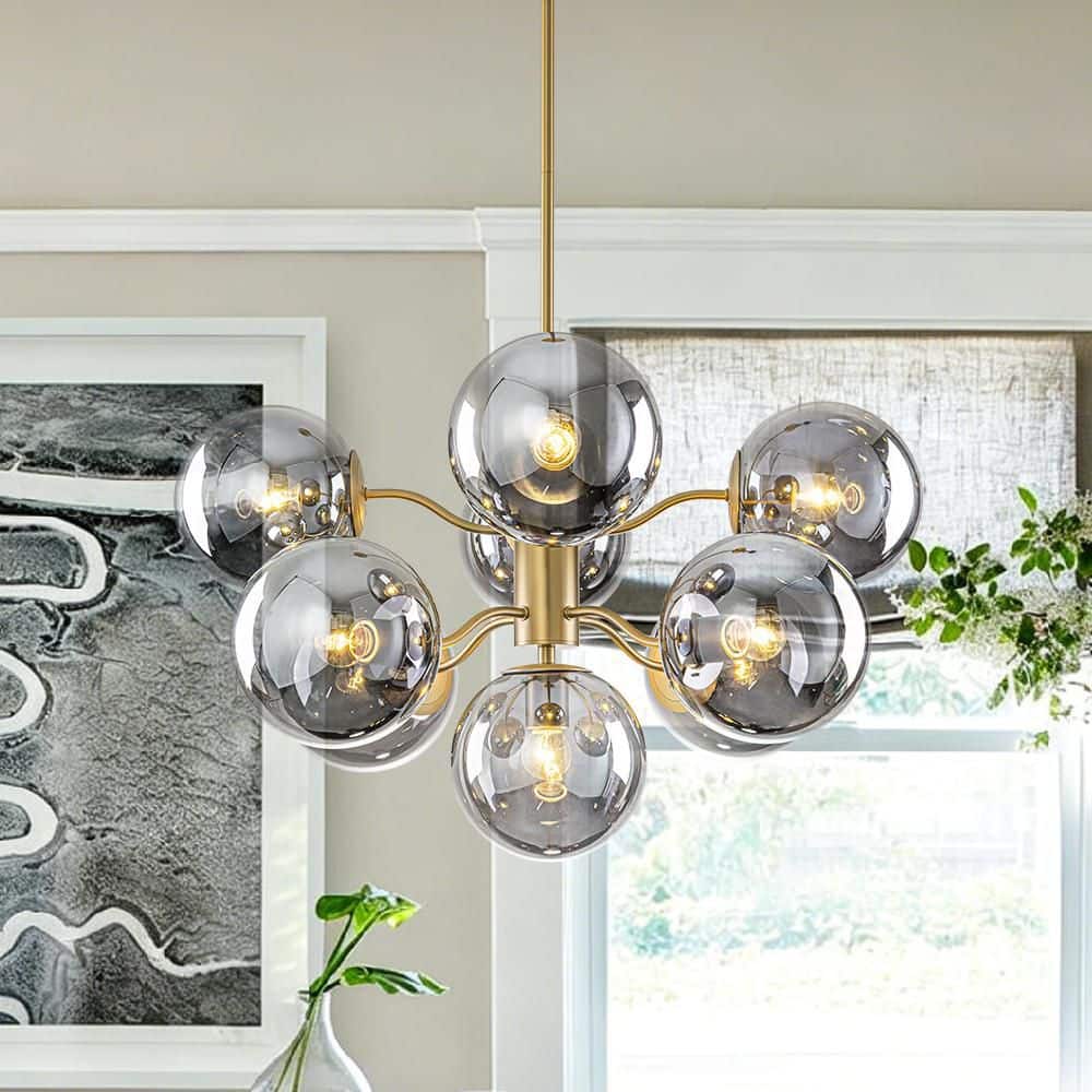 HUOKU Carla 9-Light 27.6 in.W Brushed Brass Smoked Glass Globe