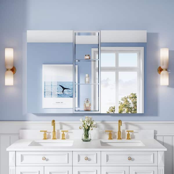 52 in. W x 36 in. H Rectangular Polished Aluminum Tri-view Soft Close Medicine Cabinet with Mirror Combo Set, Reversible