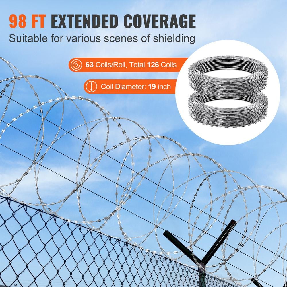 Galvanized Double Spiral Razor Wire Fence Set, 98 ft Coverage