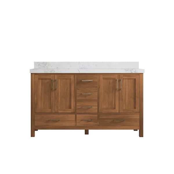 Willow Collections Malibu Teak 60 in. W x 22 in. D x 36 in. H Double Sink Bath Vanity in Gold Teak with 2" Calacatta Nuvo Top