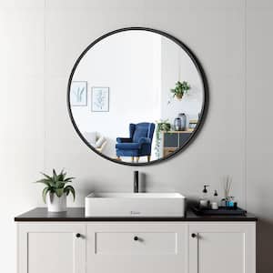 24 in. W x 24 in. H Round Framed Wall Mount Bathroom Vanity Mirror in Black