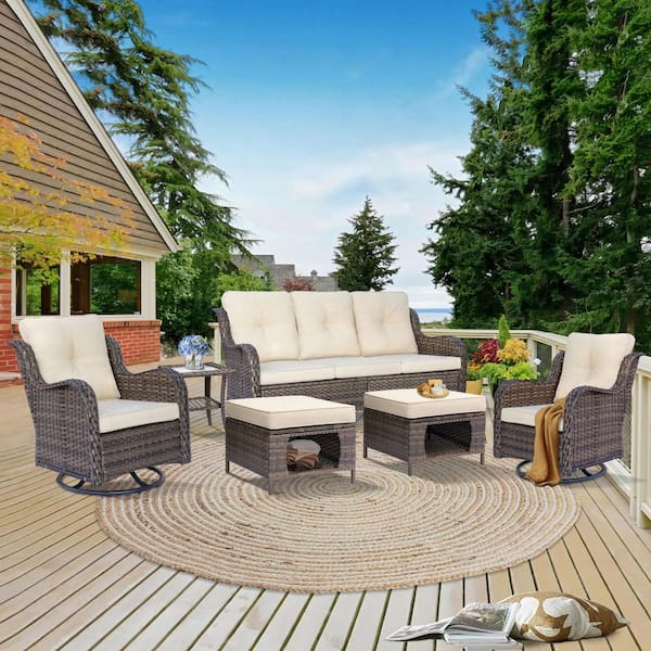 Xingzjojor Brown 6-Piece Wicker Outdoor Patio Conversation Seating Sofa Set with Beige Cushions and Swivel Rocking Chairs