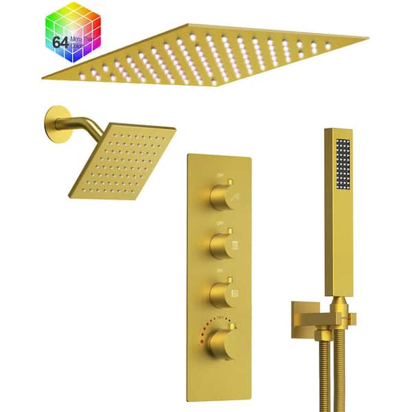 12 in. Mood Light Quadruple Handles 3-Spray Shower Faucet 2.5 GPM with LED, Anti Scald in Brushed Gold