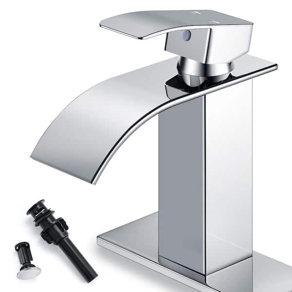 Single Handle Waterfll Spout Single Hole Bathroom Sink Faucet with Drain and Deck Plate in Polished Chrome