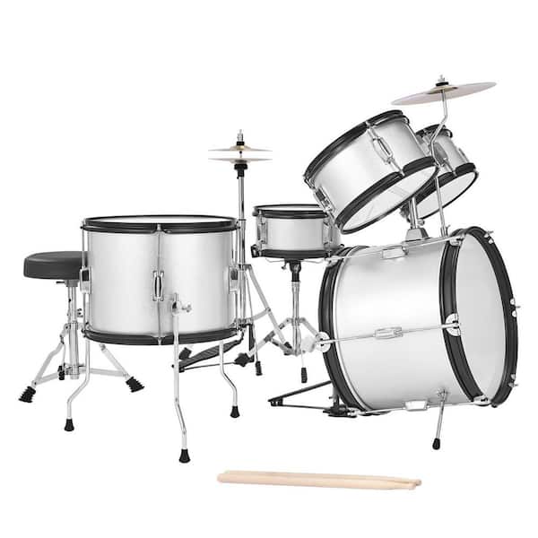 Kids Drum Set 5Pcs 16in. Junior Drum Sets Beginner Drums Set 2 Pairs of Drumsticks for Children Ages 6-13(Silver)