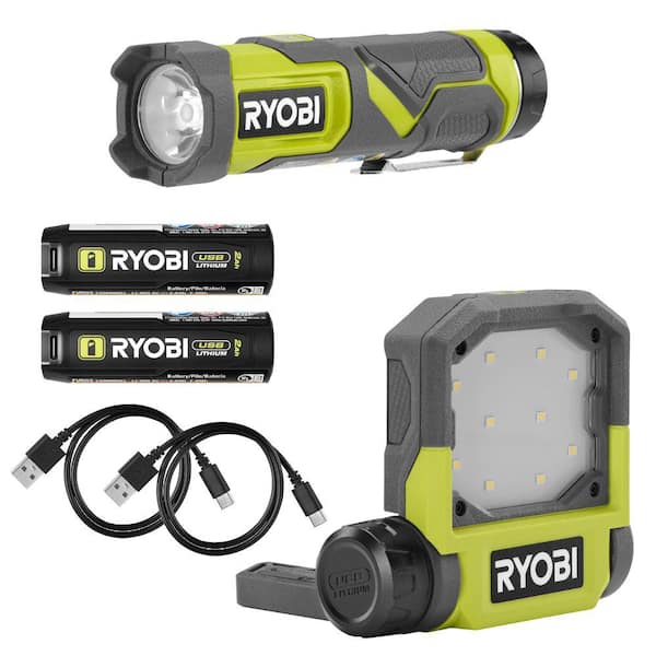 RYOBI USB Lithium 600 Lumen LED Compact Flashlight & 500 Lumen LED Pivoting Flip Light Kit w/ (2) Batteries & Charging Cables