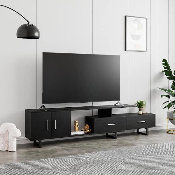 Leisuremod Avery Mid Century Modern Rectangular TV Stand with MDF Wood Cabinet and Powder Coated Steel Legs, Ebony