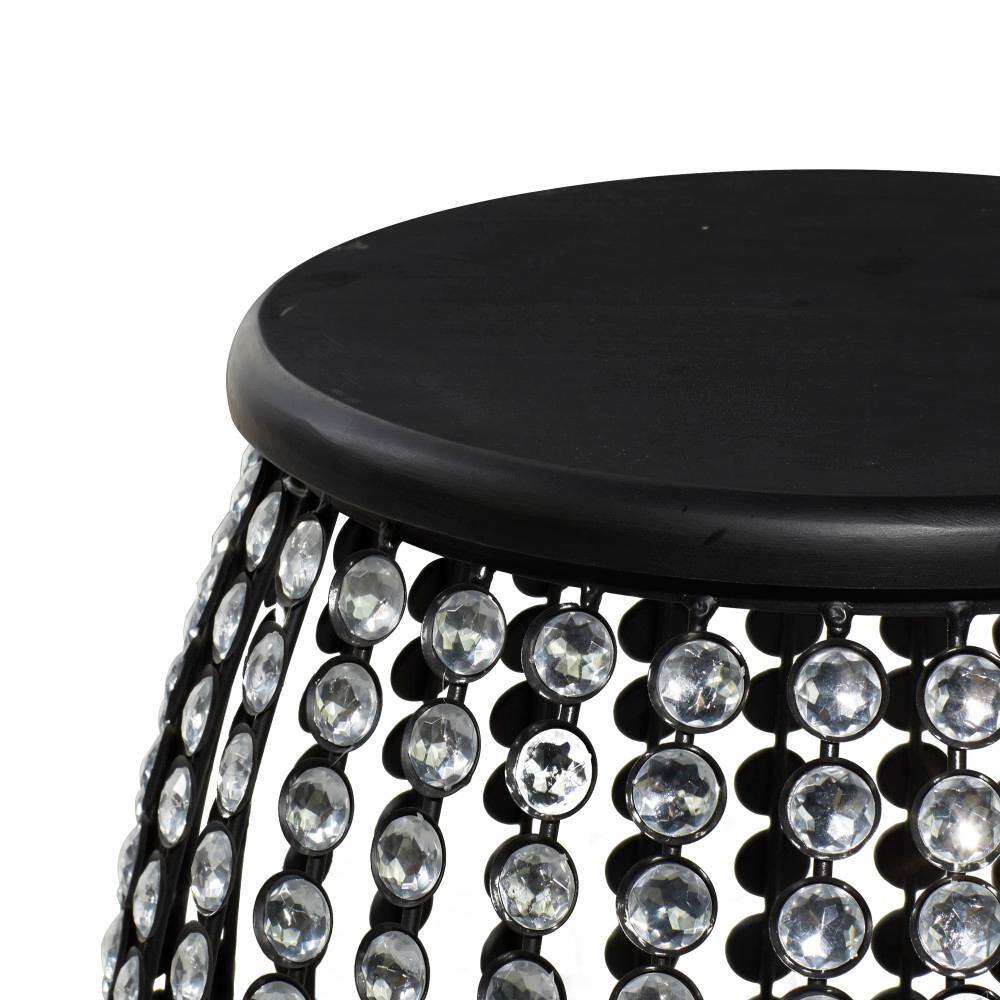 Glam Black Iron and Wood Round Accent Table with Crystal Embellishments