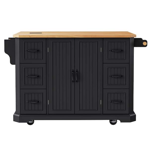 Black Kitchen Cart with Rubber Wood Veneer Drop Leaf, Power Outlet, Door Shelves, Wheels, Deep Drawers