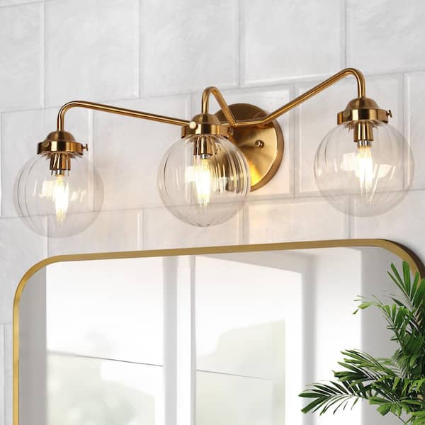 Modern 22 in. 3-Light Plated Brass Bathroom Vanity Light with Globe Glass Shades Contemporary Bedroom Wall Sconce