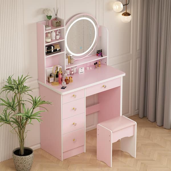White Dressing Table URBNLIVING Pink Dressing Table With Mirror & Drawers   Compact Makeup Vanity For Bedroom (Louise Style) Dressing Table With Mirror  And Stool
