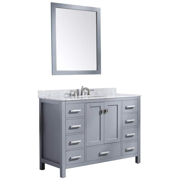 ANZZI Chateau 48 in. W x 36 in. H Bath Vanity in Rich Gray with Marble Vanity Top in Carrara White with White Basin and Mirror