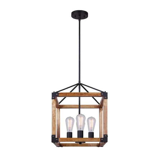 CANARM Moss 4-Light Matte Black and Real Wood Chandelier