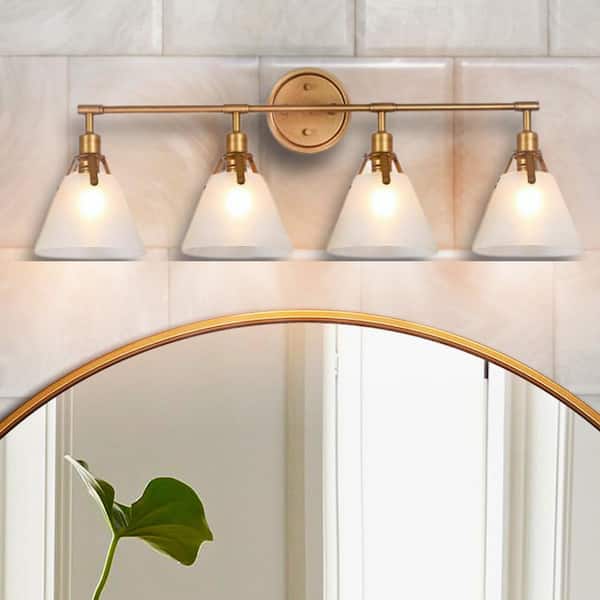 LNC Vintage Brushed Gold Bathroom Vanity Light 31.5 in. 4-Light Powder Room Wall Sconce with White Frosted Bell Glass Shades