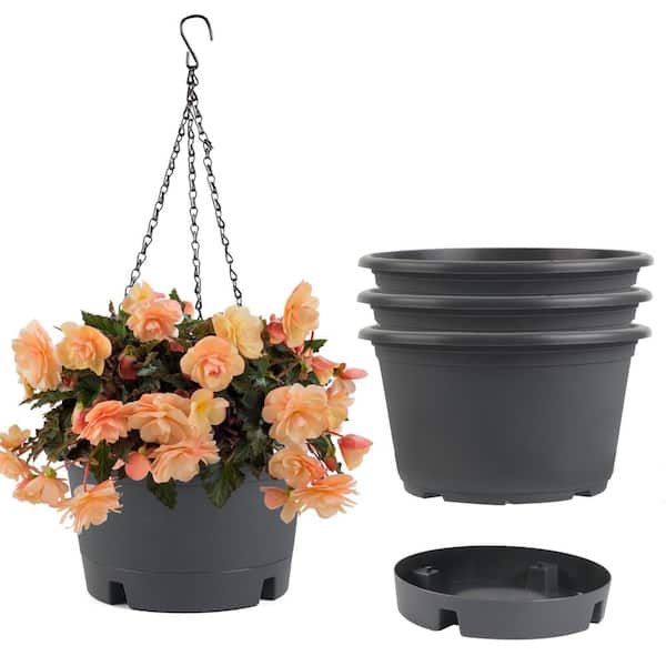 10 Inch Hanging Planters with Removable Trays and 15.7 in. Chains, Round Plastic Hanging Flower Pots, Gray, 4 Pack