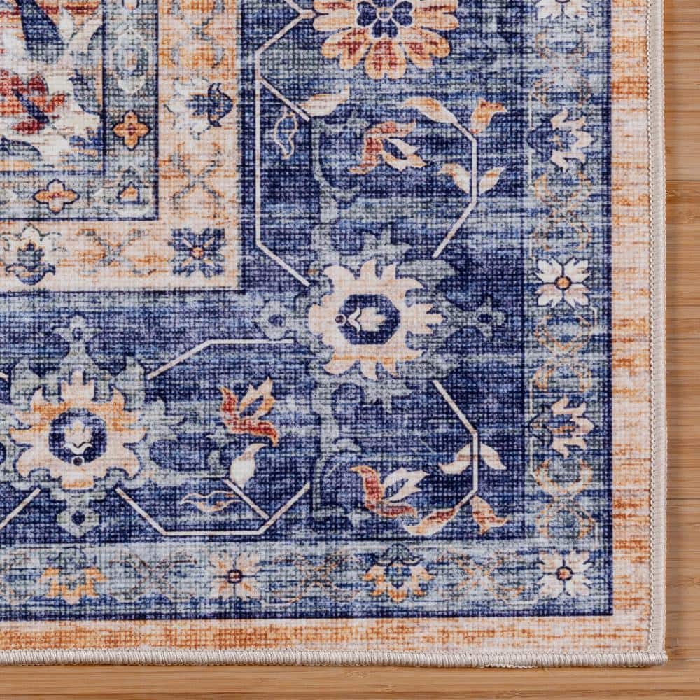 Soha Multi Blue Traditional Medallion Washable Area Rug 6' x 9'