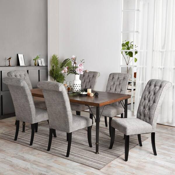 Furniturer Wilona Dark Grey Fabric Solid Wood Upholstered Dining Chair Set Of 2, Head Of Table Dining Room Chairs Grey Fabric