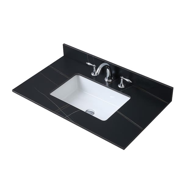 Xzkai 37 in. W x 22.01 in. D Engineered Stone Composites White Rectangular Single Sink Bath Vanity Top in Black