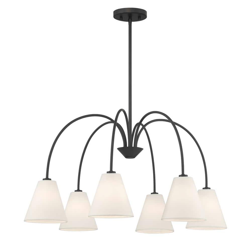 Meridian 30 in. W x 16 in. H 6-Light Matte Black Modern Chandelier with White Linen Fabric Shades price history on PriceWatchPro