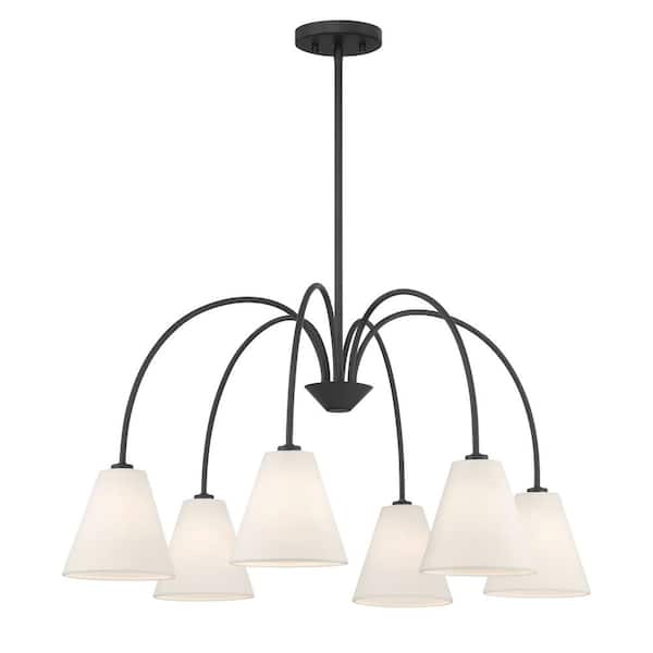 Meridian 30 in. W x 16 in. H 6-Light Matte Black Modern Chandelier with White Linen Fabric Shades