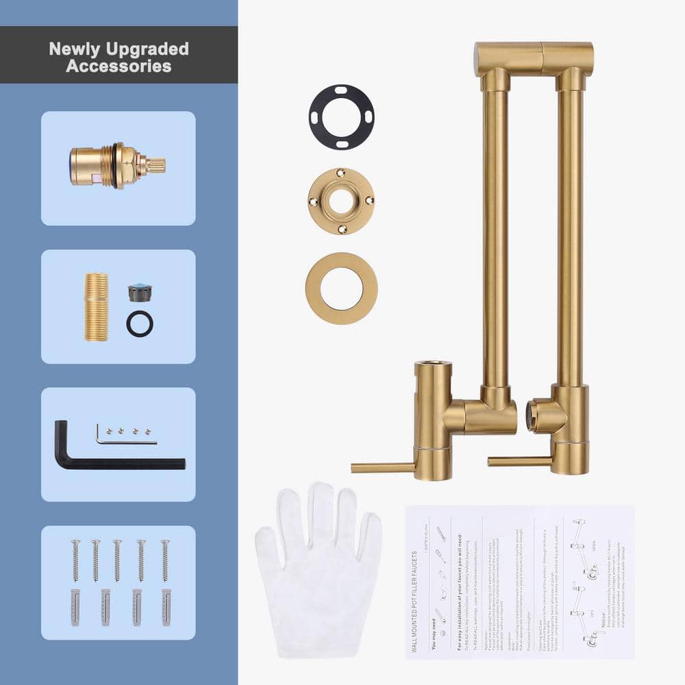 Brushed Gold Wall Mounted Double Handle Pot Filler Faucet