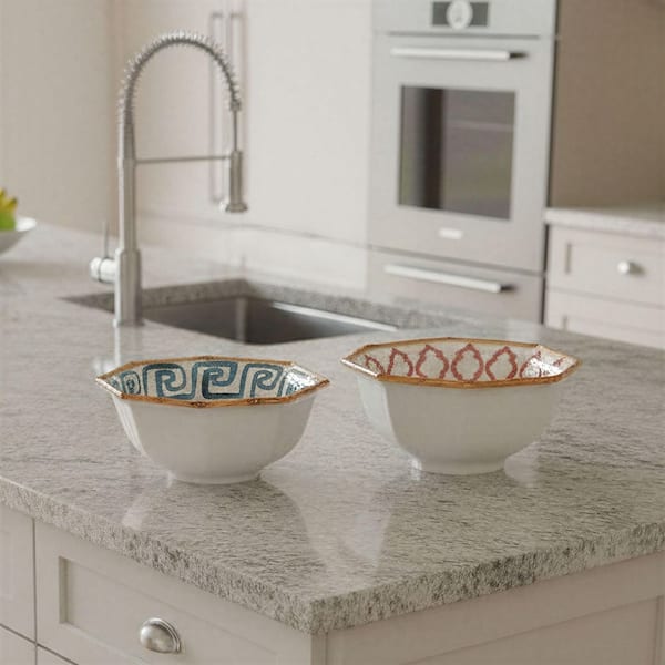 20 fl. oz. Multi-Colored Hand-Painted Stoneware Octagon Shaped Bowls with Pattern and Bamboo Style Rim (Set of 12)