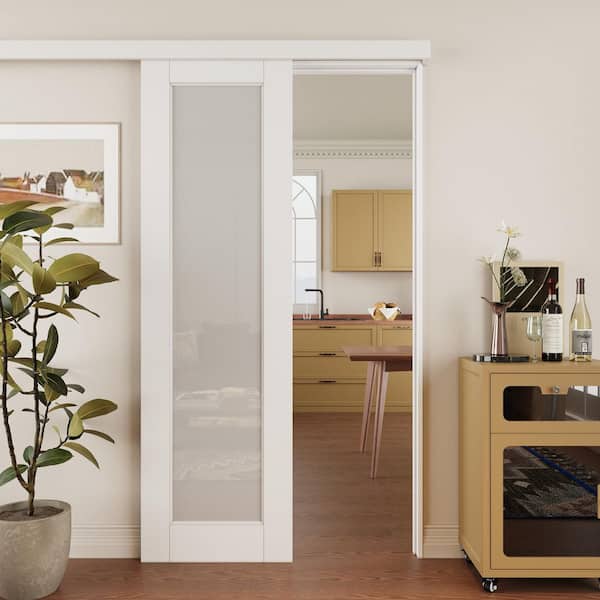 18 in. x 80 in. Hidden Track Style 1 Lite Frosted Glass White Primed MDF Sliding Barn Door with Hardware Kit