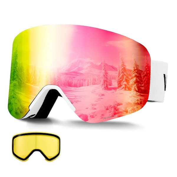 Frameless Ski Goggles, Magnetic Cylindrical Lens with Pink Revo Coating, OTG Anti-Fog Snow Goggles for Men Women Youth
