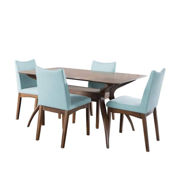 Noble House Dimitri Mint Fabric Upholstered and Walnut Wood Dining Set (5-Piece)