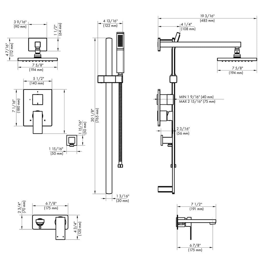 Chrome Adjustable Multi-head Square Shower System with Filter