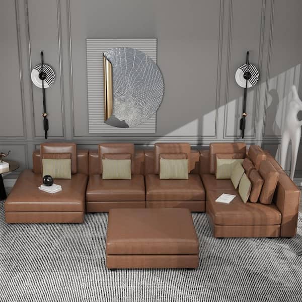 Nestfair 112.7 in. Palomino Fabric Sectional Sofa in. Brown with Movable Ottoman