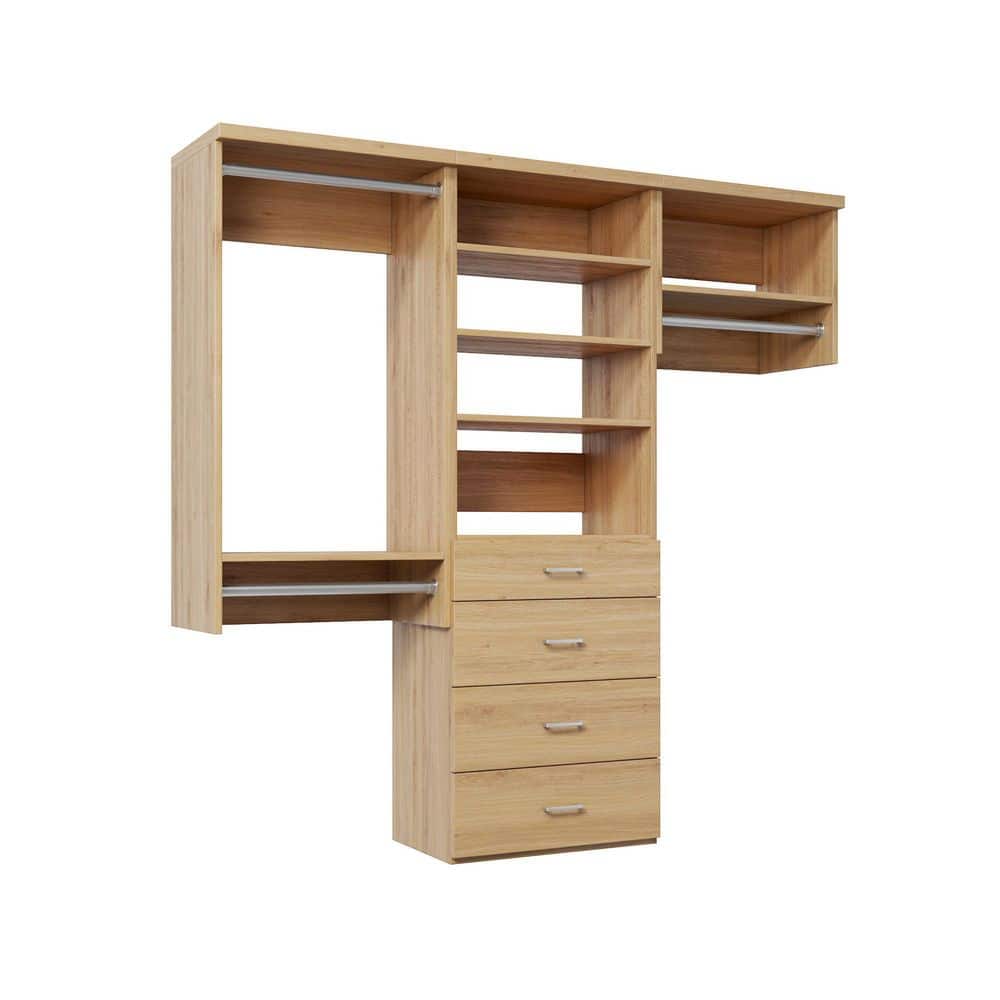 58.5 in. W Natural Oak Reach-in Wall-Mount 3-Rod 4-Slab-Drawers 5-Shelf Wood Closet System