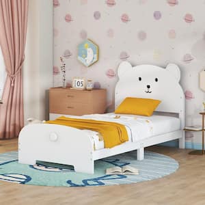 White Wood Frame Twin Size Platform Bed with Bear-Shaped Headboard and Footboard, 6-Wood Legs