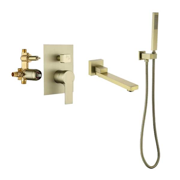 AIMADI Single-Handle Wall Mount Roman Tub Faucet with Hand Shower 3 Hole Brass Bathtub Faucets in Brushed Gold