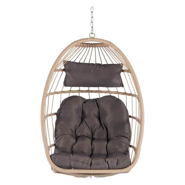 Miscool Anky 2.4 ft. D 1-Person Beige Wicker Hanging Egg Chair Patio Swings Hammock Chair with Dark Gray Cushions